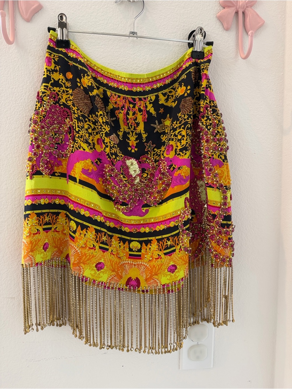 Camilla Vibrant Embellished Fringe Mini Skirt - Black, Neon Pink & Yellow - Picture 2 of 6